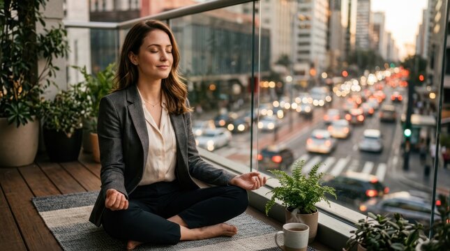 Businesswoman meditating on balcony overlooking busy city street at sunset