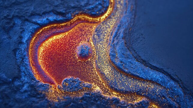 hardening. Macro detail of glowing molten metal solidifying on a textured dark metallic surface. safety posters, maintenance manuals, designed for precision metalworking and fabrication facilities.