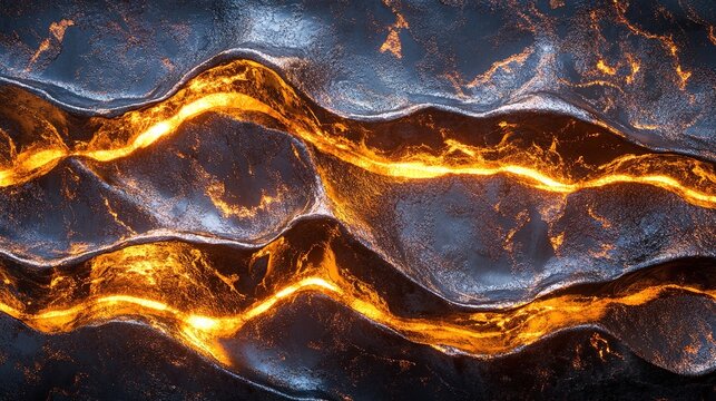hardening. Macro detail of glowing molten metal solidifying on a textured dark metallic surface. safety posters, maintenance manuals, designed for precision metalworking and fabrication facilities.