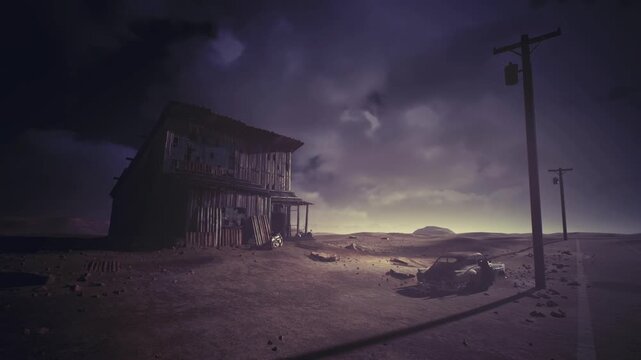 Stormlit salvage shack on plain, weatherbeaten facade, overturned vehicle artifacts, heavy cloud cover, telephone pole silhouette, scattered metal parts,