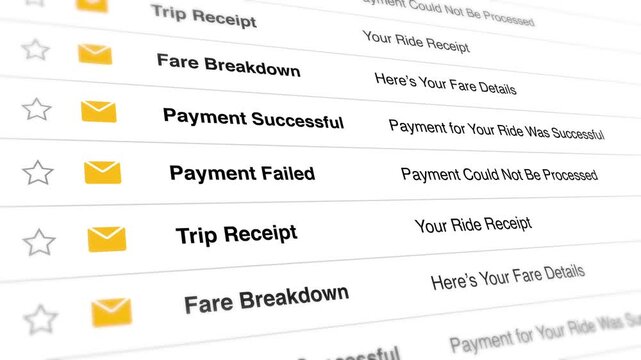 A blurry video screenshot of an email inbox with various payment and trip related messages on a mobile device screen