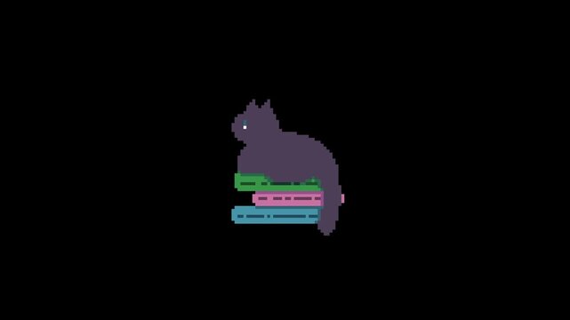 ドット絵の猫の尻尾が揺れるループアニメーション,透過背景,黒猫