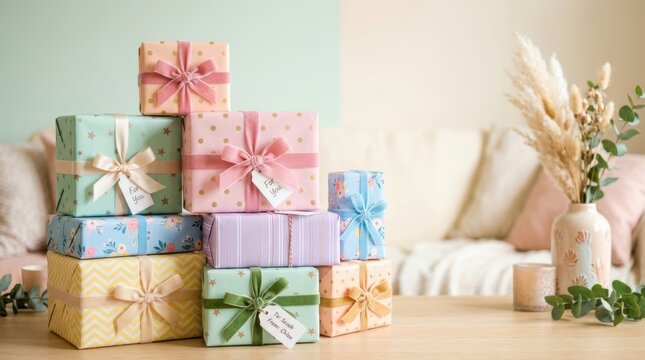 Beautifully wrapped gifts stacked in a cozy home setting with dried flowers