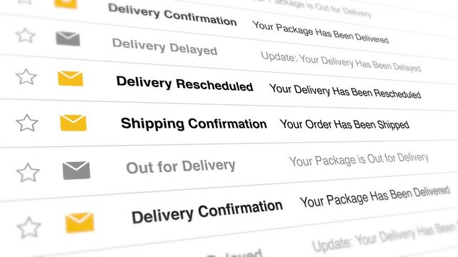 A video shows a close-up view of a computer screen displaying various shipping confirmation and delivery status updates including Delivery Confirmation Delivery Delayed and Delivery Rescheduled