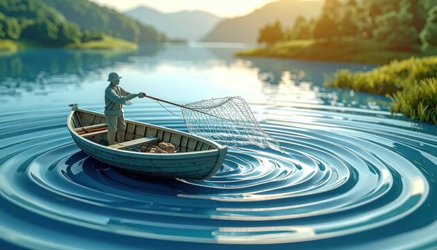A lone fisherman in a small boat casts a fishing net into a calm lake with rippling water