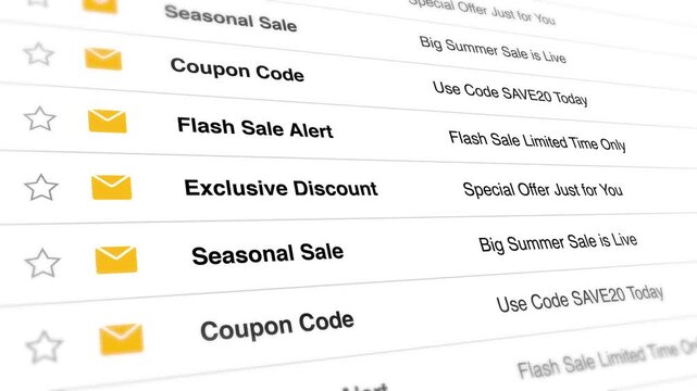 Digital email interface displaying promotional sales messages and discount codes scrolling across the screen in this dynamic motion graphic video animation showing a continuous feed of marketing video
