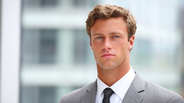 leader. Confident businessperson in grey suit against a softly blurred office background. pitch deck slides, case study pages, designed for enterprise HRIS and productivity software interfaces.