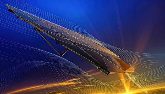 Abstract digital art of a tilted solar panel against a gradient blue and yellow background with light waves