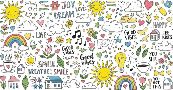 Colorful doodle art collage positive vibes and whimsical illustrations