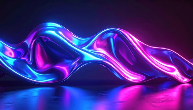 Abstract flowing metallic wave shape illuminated by neon blue and pink lights