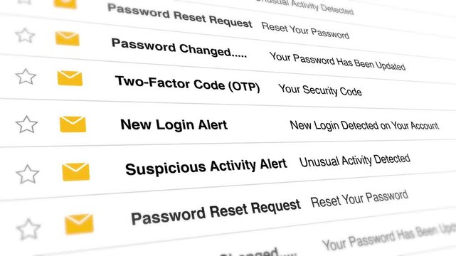 A video shows a close-up view of email notifications on a computer screen including login alerts and password reset requests