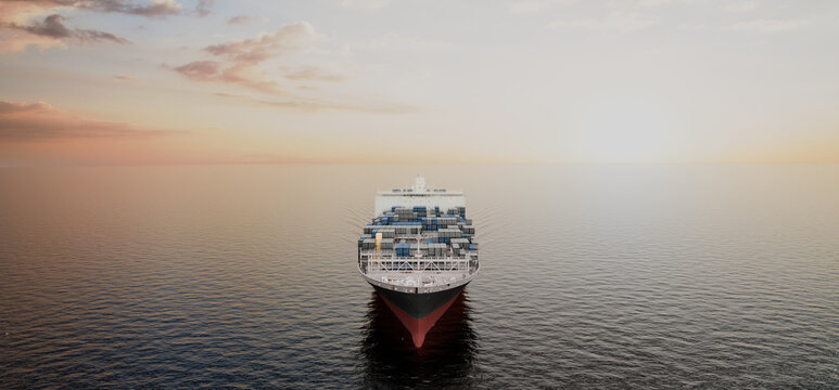 Container ship on ocean at sunset, global shipping and logistics