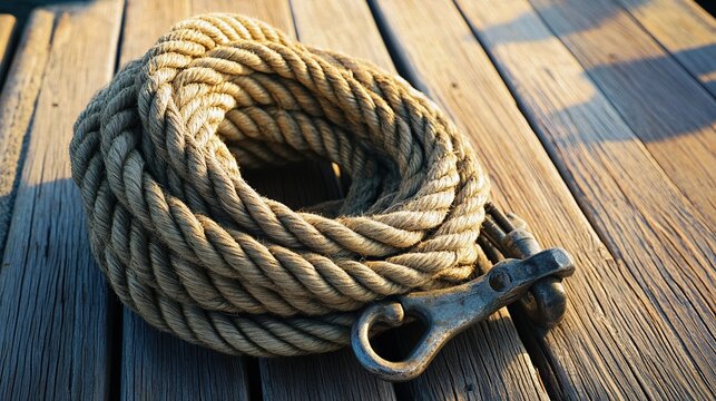 carabiners. Coiled ropes, pulleys, and carabiners on weathered wooden dock planks. mobility guides, transit brochures, designed for transport & logistics marketing, used by government communicators.