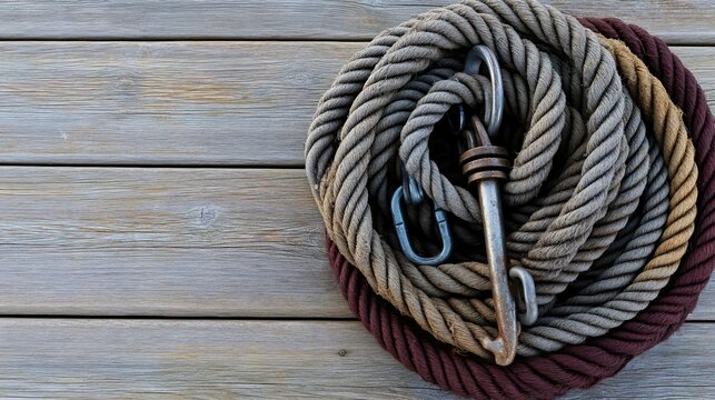 carabiners. Coiled ropes, pulleys, and carabiners on weathered wooden dock planks. mobility guides, transit brochures, designed for transport & logistics marketing, used by government communicators.