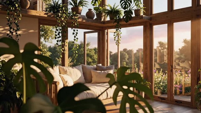 Cozy sunroom with plants and daybed during golden hour