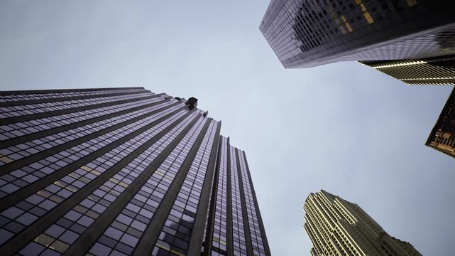 Tall structures contrast. Skyline features sharp outlines beneath dull skies. Imposing skyscrapers form bold shapes against murky atmospheric conditions