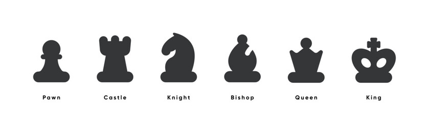 Minimal chess pieces icon set isolated on white background. King, rook, queen, horse, pawn and bishop eps10. © Carkhe