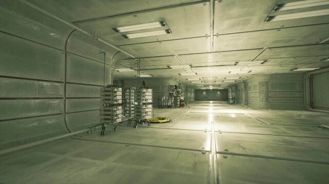 Reflective cargo bay with stacked metal racks and long linear lighting, wide empty pathways and tether points, industrial calm with polished floor reflections