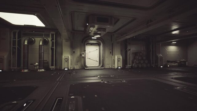 Dim metal corridor with central hatch, wet reflections and overhead maintenance lights, worn plating and bulkhead panels, stacked crates beside sealed airlock,