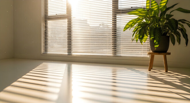 Sunlight streaming through blinds onto a clean, minimalist room with a potted plant.