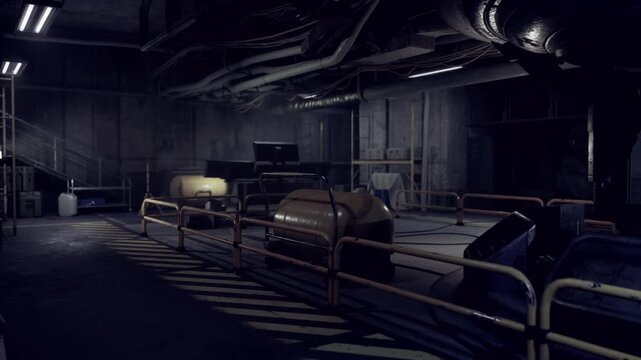 Moody subterranean facility ward with metal beds and overhead ductwork, low artificial light, industrial ceiling infrastructure and abandoned healthcare setting