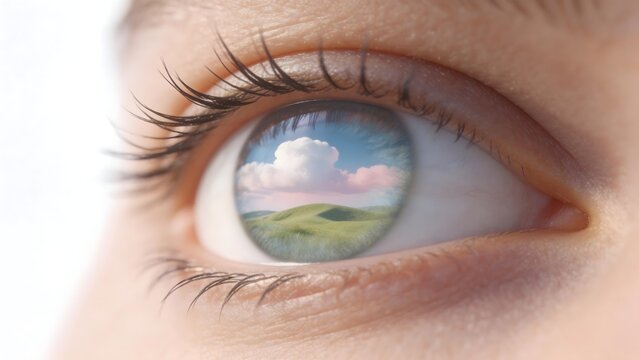 Human eye with landscape reflection