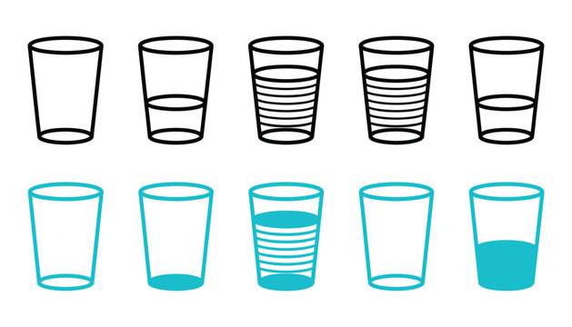 Vector, water glass icon set in blue and black flat outline style, featuring drink glass line pictograms, including tall full, half full, and empty glasses representing milk or water levels for 