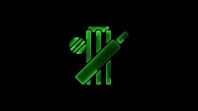 Green neon cricket bat and wickets on black background sports symbol neon green sports black background