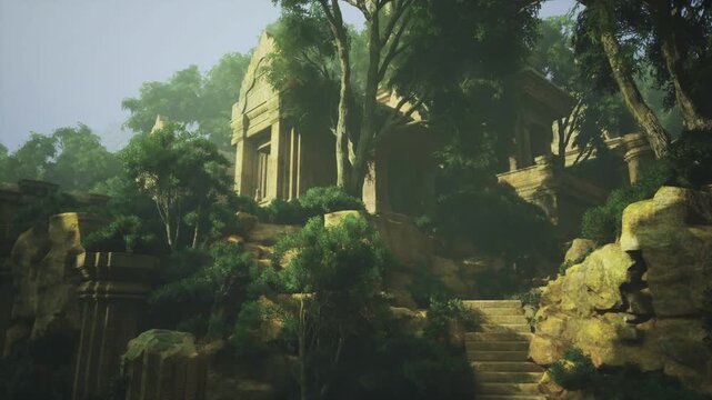Overgrown stone shrine draped in vines and ferns, damp verdant growth covers crumbling masonry, interplay of decay and renewal creates intimate ecology