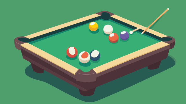 Isometric illustration of a pool table with colored balls and a cue stick