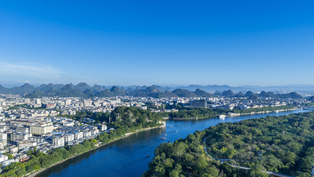 Aerial Morning View of Guilin with Li River, Elephant Trunk Hill, and Karst Peaks