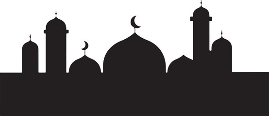 Vector graphic illustration of a mosque silhouette with domes and minarets at night © PNG store