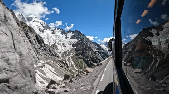 Scenic view from bus window on mountain pass road