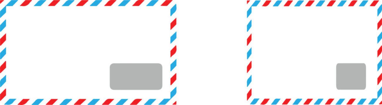 Vector graphic illustration of two airmail envelopes with red and blue borders and gray rectangles