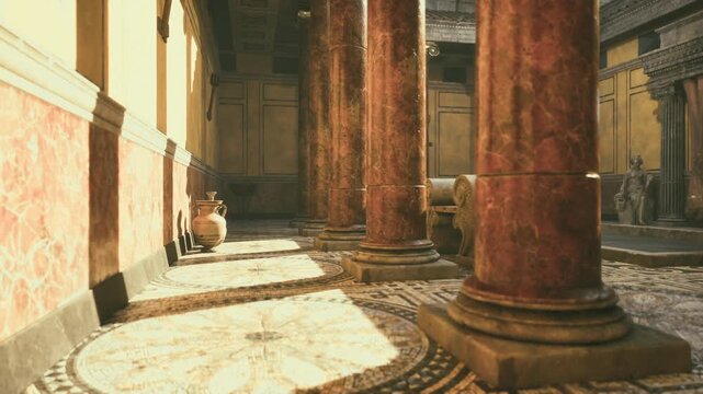 Shaded corridor lined with earthen amphorae, cool shadows falling over mosaic rosettes, quiet passage suggesting daily life and ritual, contemplative historic
