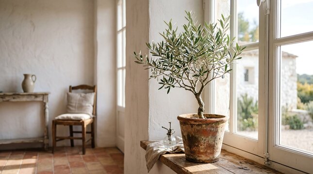 Sun-drenched Mediterranean charm A rustic indoor scene with an elegant potted olive tree on a bright windowsill, creating a serene and natural ambiance in a traditional home