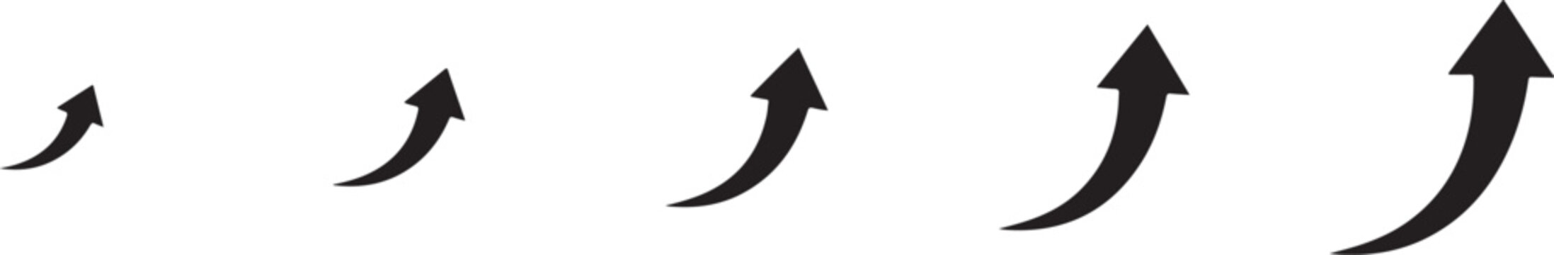 vector illustration of five black arrows pointing upwards in increasing size