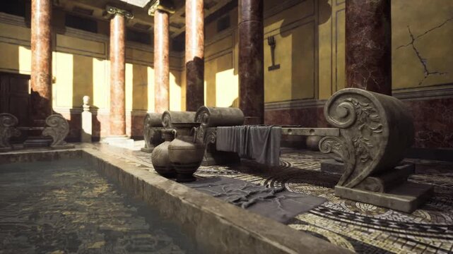Sunlit roman courtyard with jars and folded textiles conservator tools left nearby suggest ongoing restoration study and careful cataloging of ceramic artifacts