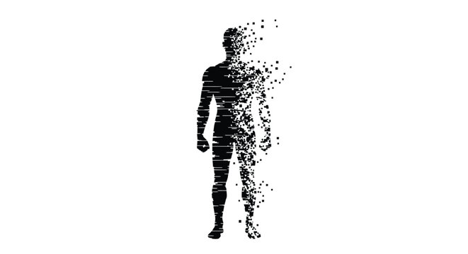 Disintegrating man, pixelated human, black and white, abstract vector illustration, technology concept