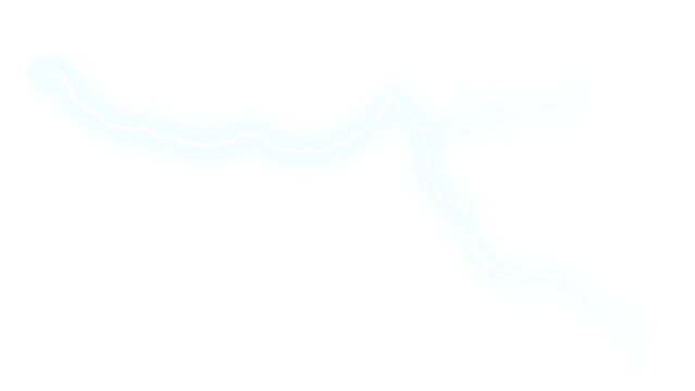 Ethereal blue lightning bolt, glowing electrical discharge on white, abstract energy flash and power surge effect, atmospheric light streak isolated PNG with Transparent Background
