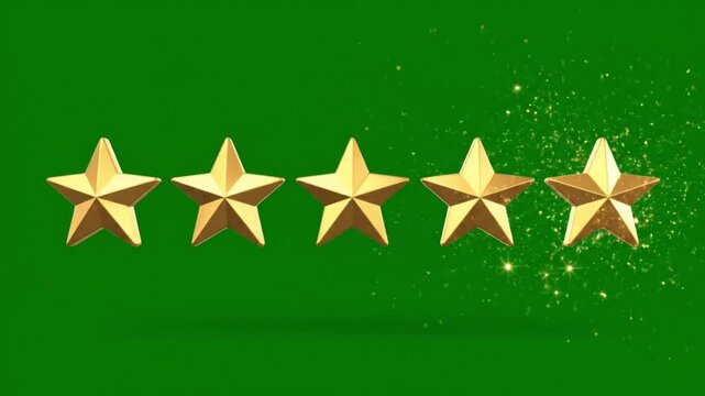 3D UI animation excellent customer ratings and reviews five gold stars pop on the screen spin rapidly on chroma key green screen background.