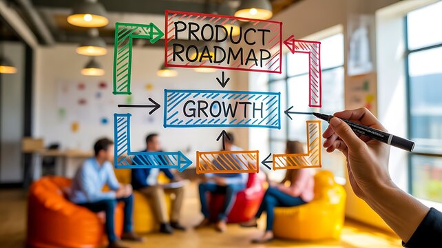 Business team discussing product roadmap and growth strategy in modern office meeting environment