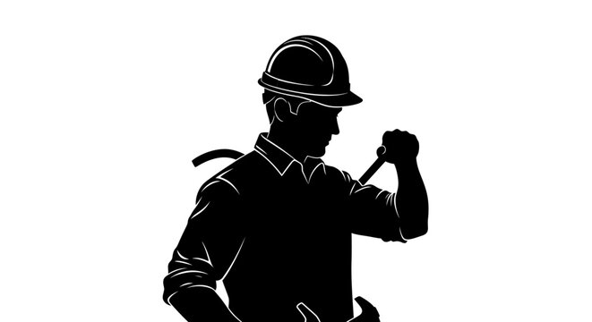 Construction worker, laborer, industrial silhouette, black icon, hard hat May day, EPS