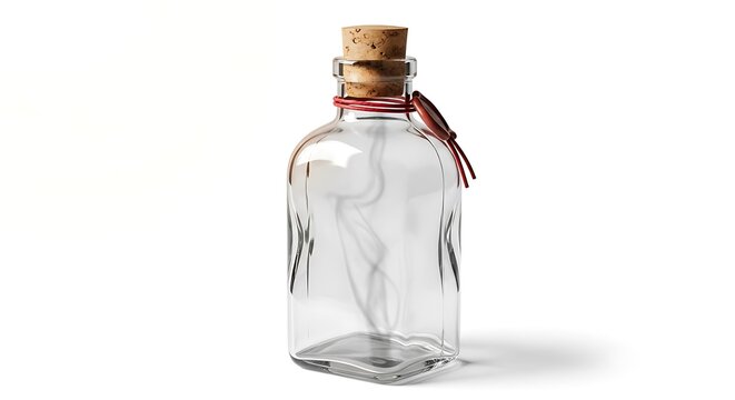 Empty glass bottle with cork stopper and red string isolated on white background