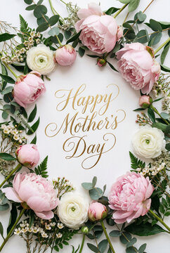 Happy mother's day floral wreath with pink peonies and white ranunculus for mother's day greeting card background and invitation design