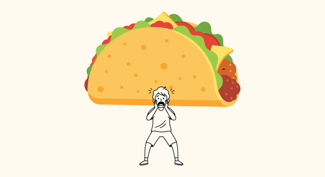 Funny taco, giant food, cartoon character, humorous illustration, colorful vector