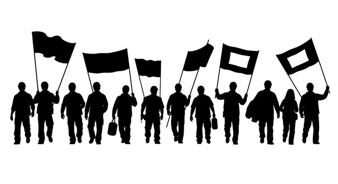 Protest, demonstration, activism, black silhouettes, people holding flags May day, EPS