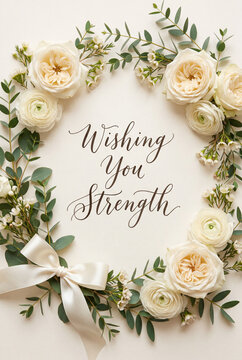 Cream rose floral wreath with eucalyptus and satin bow for sympathy card background reading "wishing you strength" and condolence design