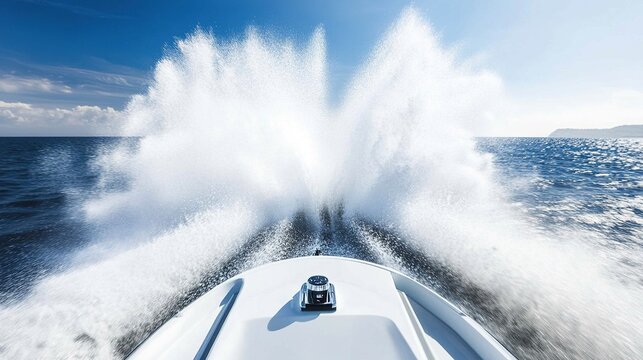 hydroplane. Bow of a speedboat planing high above water, creating spray. mobility guides, transit brochures, logistics one-pagers, designed for transport & logistics marketing, used by researchers.