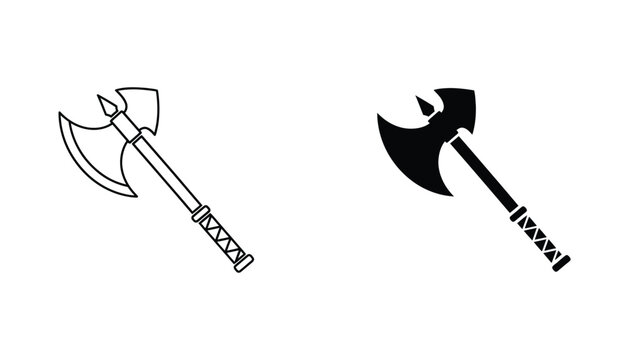 Double sided battle axe icon set in outline and solid black style for medieval fantasy game design or weaponry collection